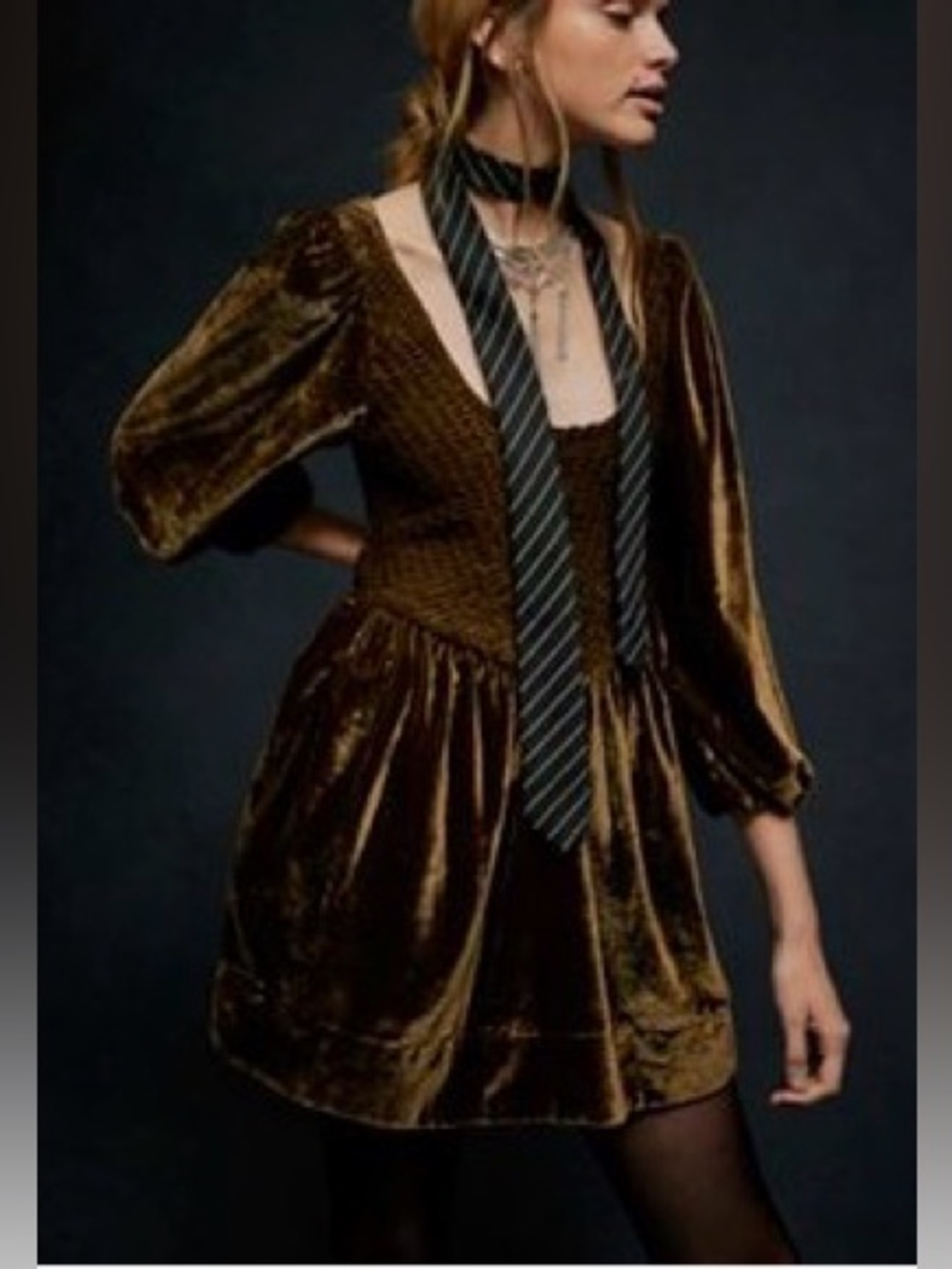 Free People Olive Green Velvet Smocked Mini Dress